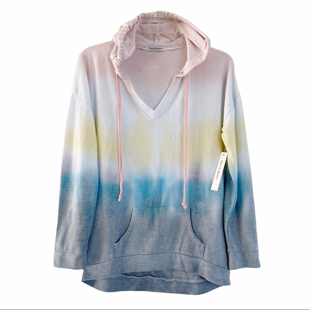 THEO AND SPENCE Tie-Dye V-Neck Drawstring Hoodie Rainbow Size Small NWT - Picture 2 of 6